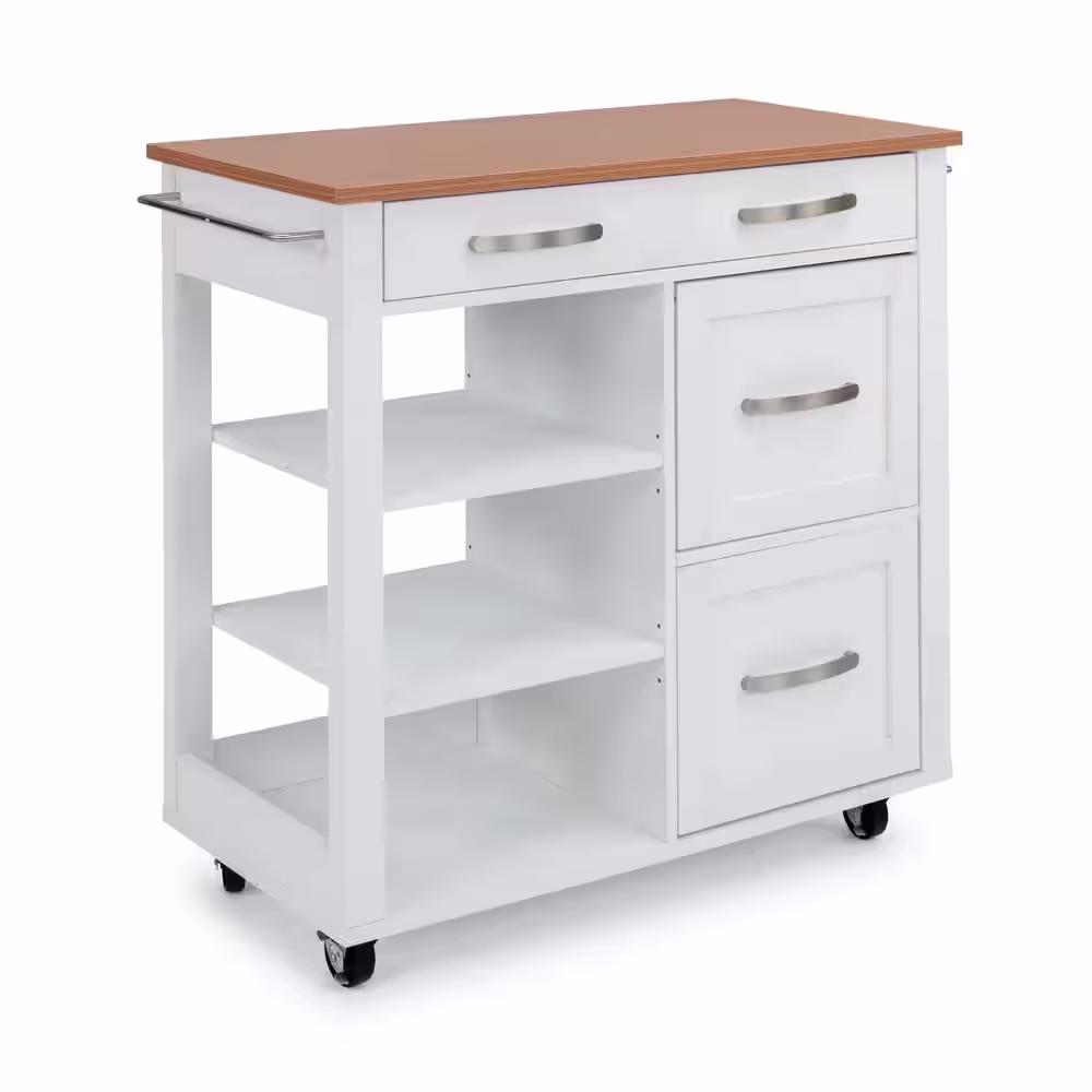 HOMESTYLES Belfast White Kitchen Cart with Natural Wood Top