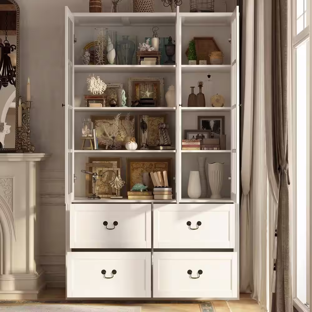 FUFU&GAGA 47.2 in. W x 78.7 in. H 8-Shelf Wood Standard Bookcase Bookshelf With Glass Doors, Adjustable Shelves, Drawers