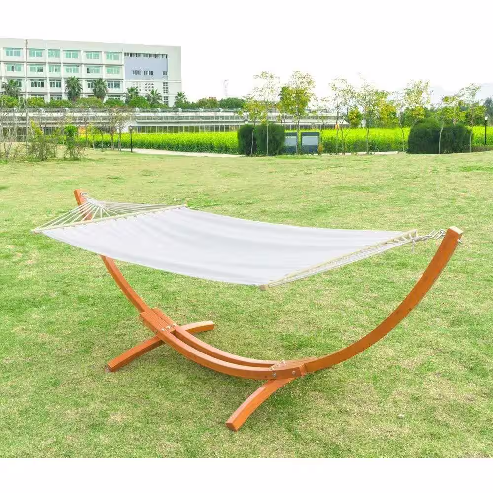 None 10.5 ft. Wooden Hammock Stand with Beige Double Hammock in Yellow Amber