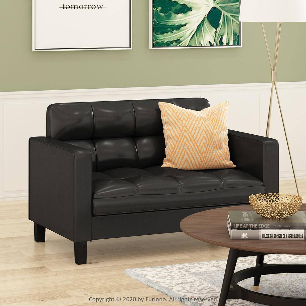 Furinno Brive 54.1 in. Black Tufted Faux Leather 2-Seater Loveseat with Square Arms