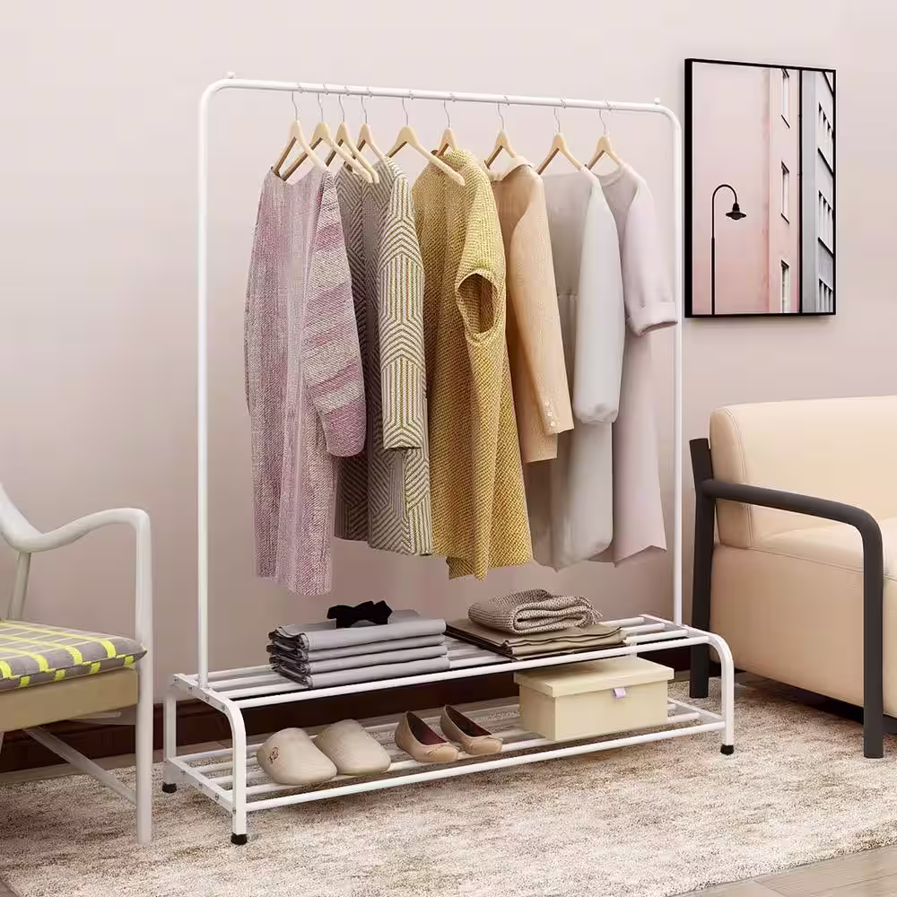 None White Metal Garment Clothes Rack with Shelves 47 in. W x 62 in. H