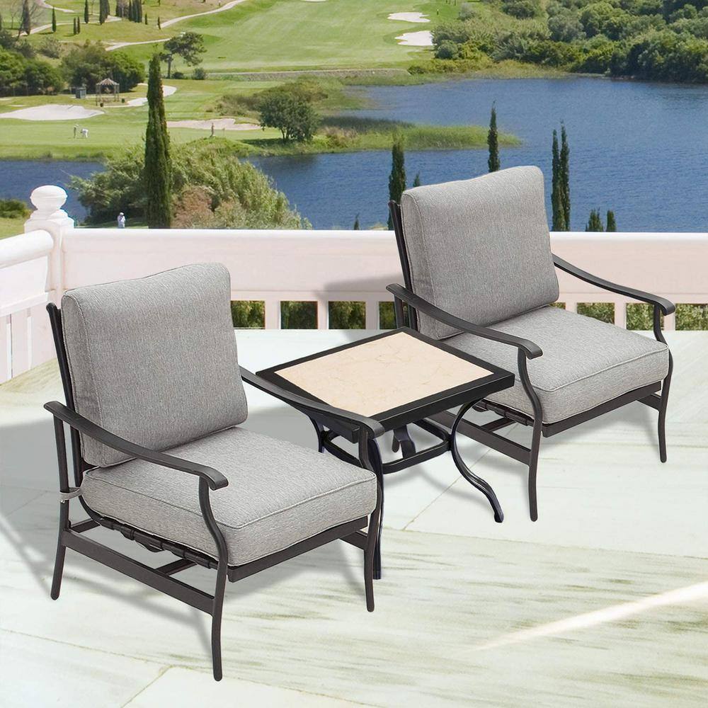 TOP HOME SPACE 3-Piece Metal Rocking Square Outdoor Bistro Set with Grey Cushion