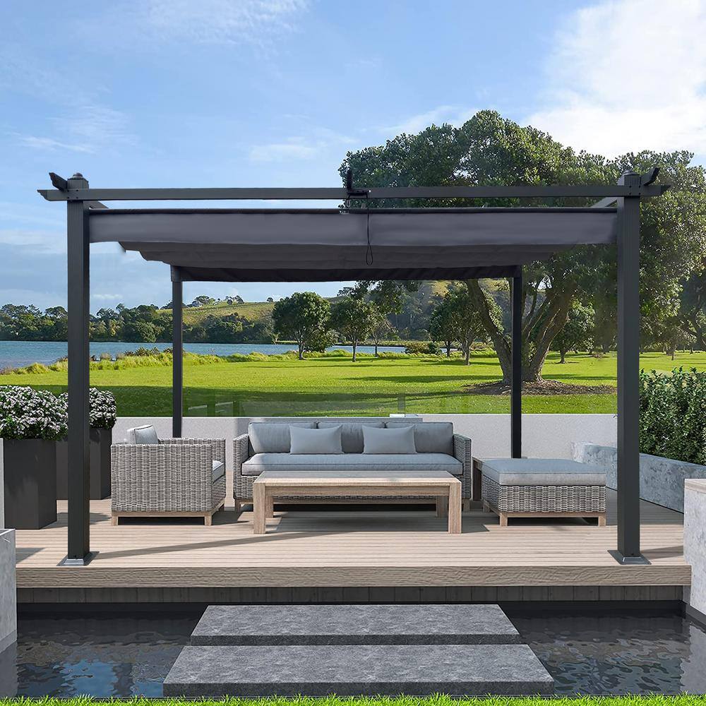 None 13 ft. x 10 ft. Gray Polyester Pergola with Retractable Canopy