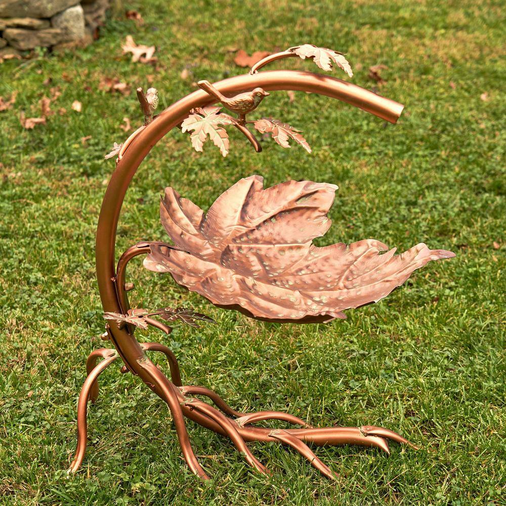 Zaer Ltd. International 29 in. Tall Maple Leaf Birdbath with Birds in Antique Copper