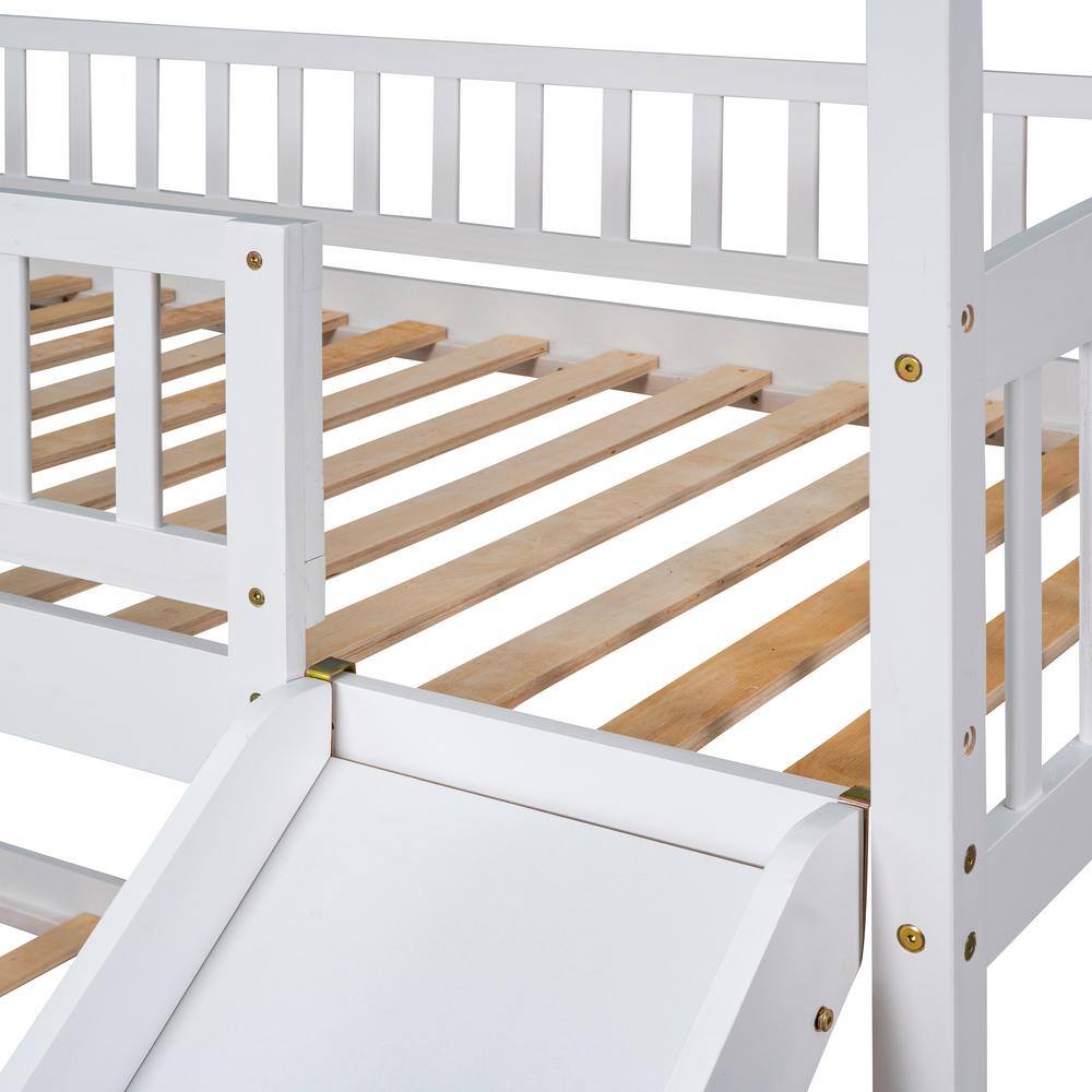 Harper & Bright Designs White Twin Over Twin Wood House Bunk Bed with Slide and Ladder