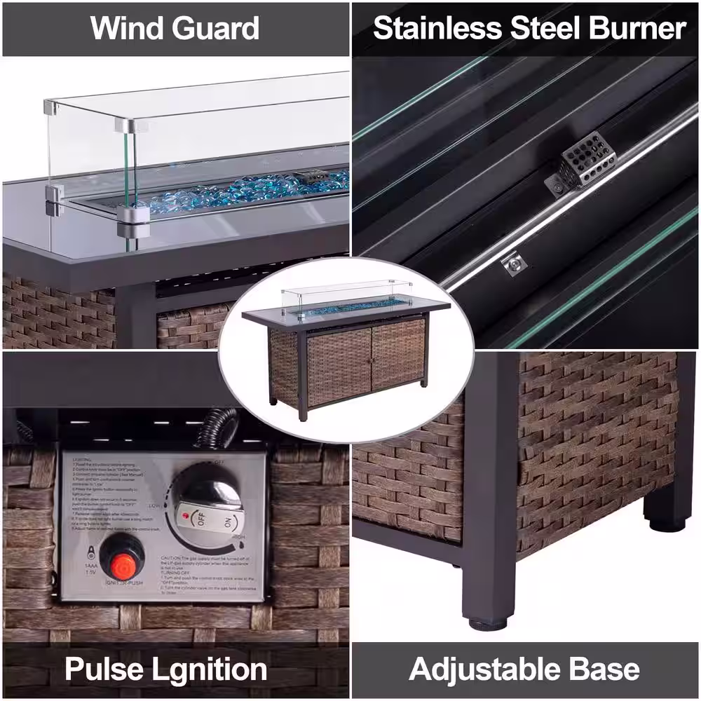 None 57 in. Brown Rectangular Rattan Propane Gas Fire Pit Table 50,000 BTU with Ceramic Tabletop and Water-Resistant Cover