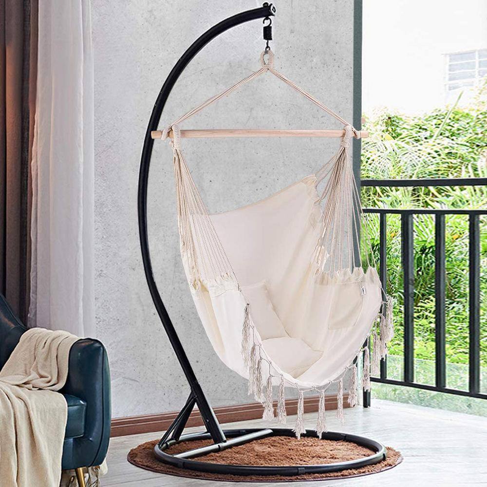 VIVOHOME 5.18 ft. 330 lbs. Capacity Linen Fabric Hanging Hammock with 2 Cushions in Beige