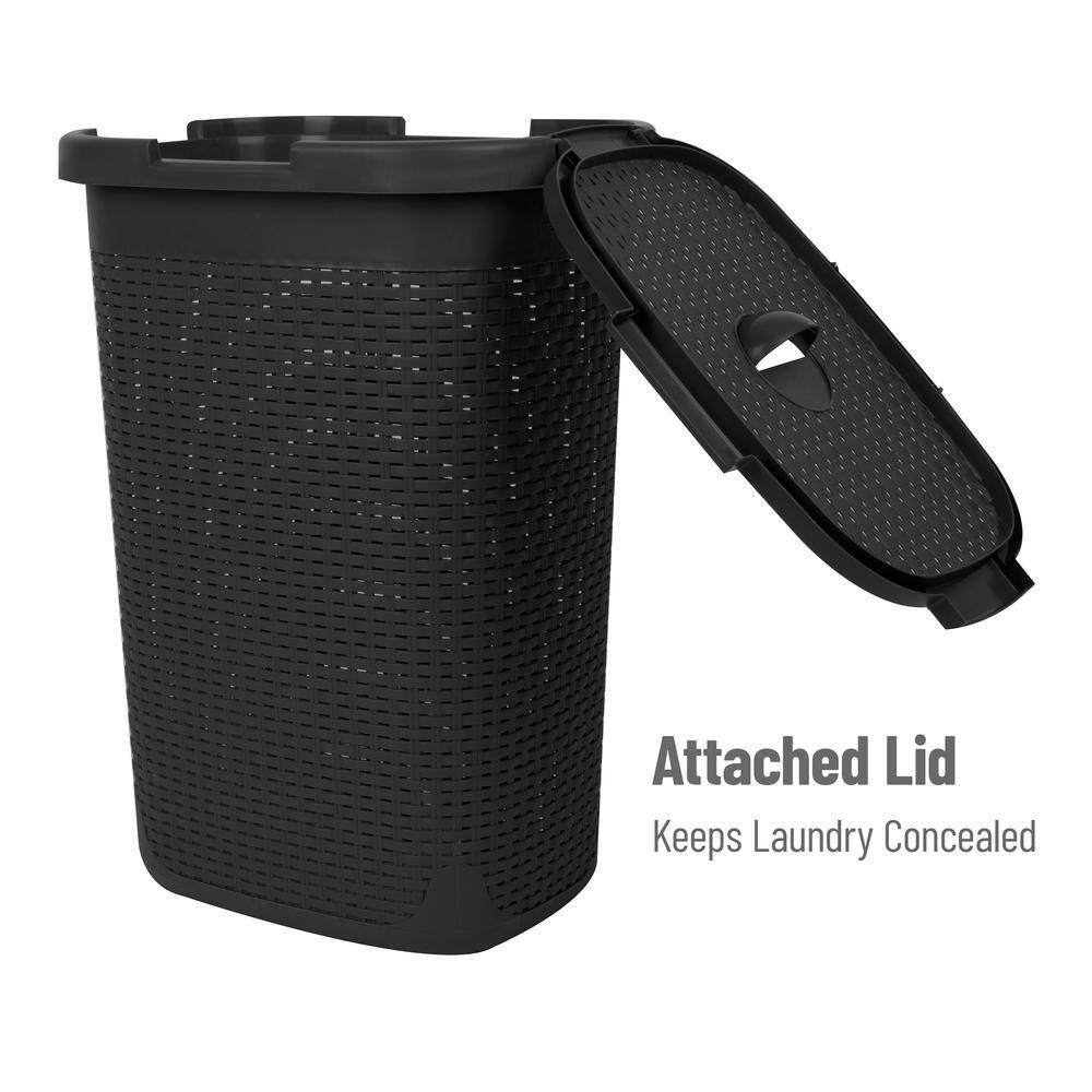 Mind Reader Basket Collection 60 Liter (15kg/33lbs) Capacity Laundry Hamper, Cut Out Handles, Attached Hinged Lid, Black