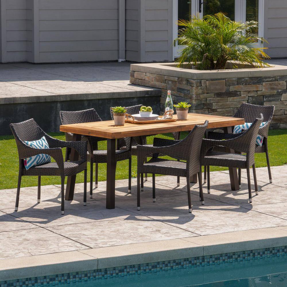 Noble House Brianna 7-Piece Iron Outdoor Dining Set with Stacking Chairs