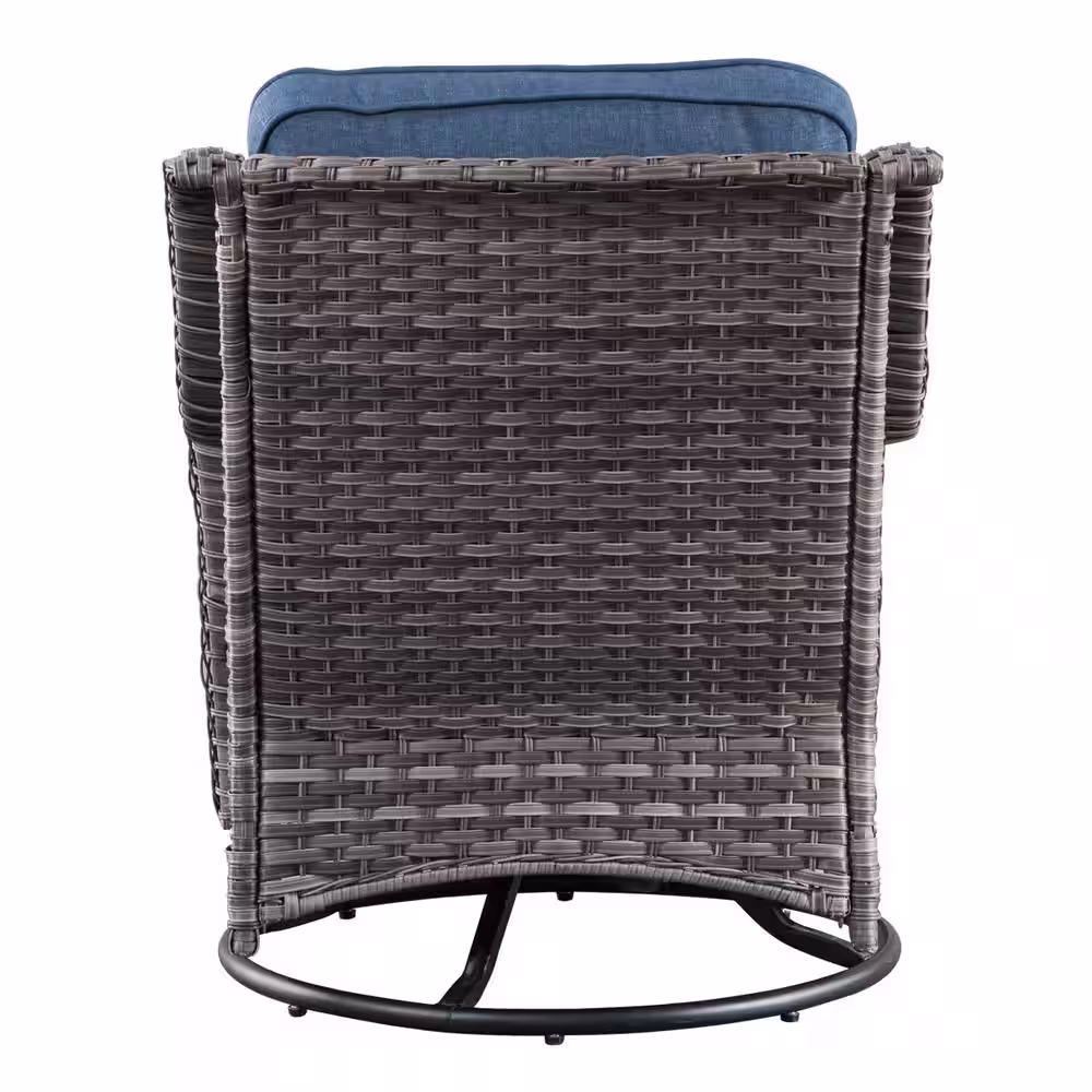 XIZZI Moonlight Gray 3-Piece Wicker Patio Conversation Seating Sofa Set with Denim Blue Cushions and Swivel Rocking Chairs