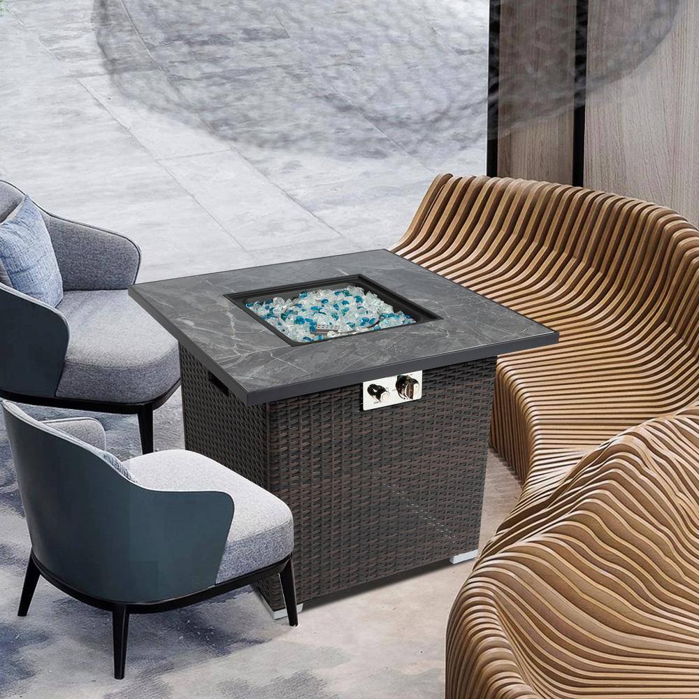 SUNRINX Brown Square Steel 30 in. 40000 BTU Propane Fire Pit Table with Glass Rocks and Rain Cover