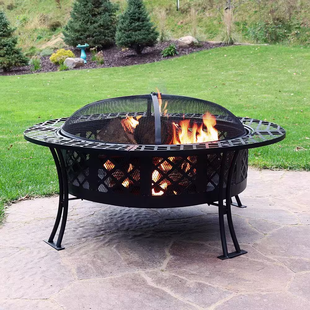 Sunnydaze Decor Diamond Weave 40 in. x 20 in. Round Steel Wood Burning Fire Pit in Black with Spark Screen