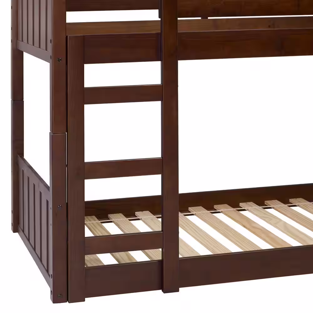 Welwick Designs Walnut Solid Wood Modern Twin Bunk Bed with Integrated Ladder