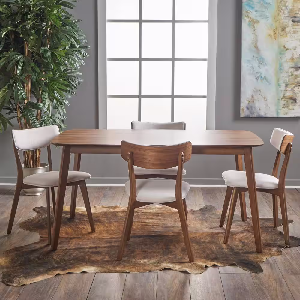 Noble House Alma 5-Piece Natural Walnut and Light Beige Dining Set