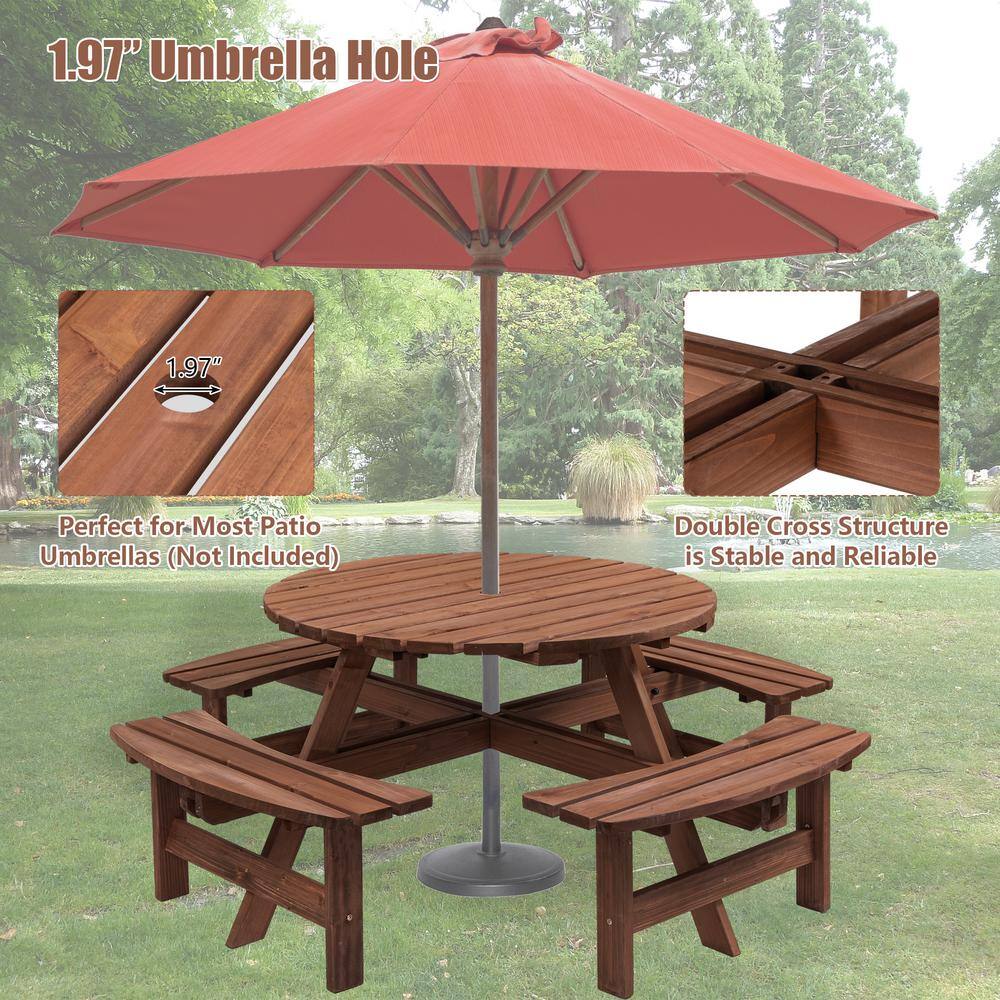 None 70.07 in. Brown Round Wood Picnic Table Seats 8-People with 4 Built-in Benches