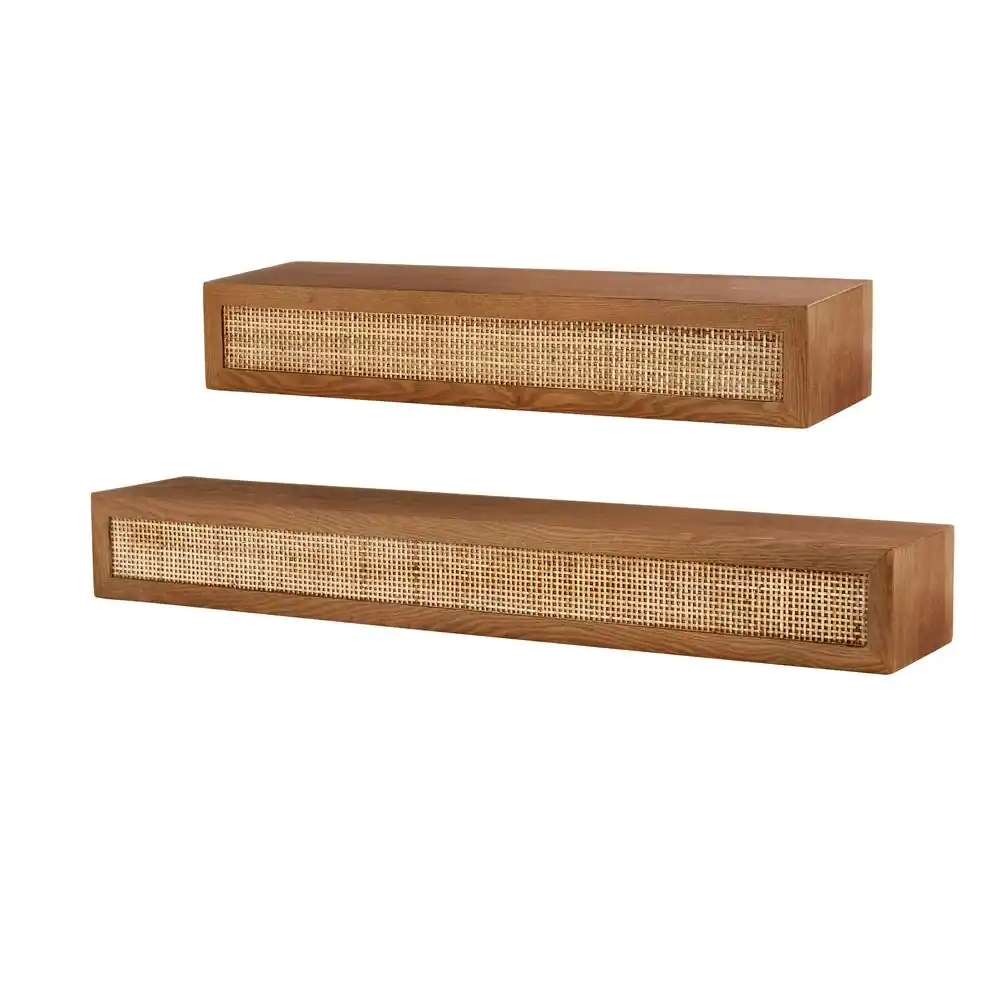 StyleWell Natural Wood Floating Wall Shelves with Rattan Caning Detail (Set of 2)