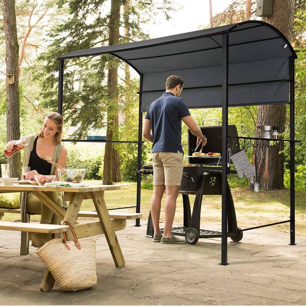 None 7 ft. x 4.5 ft. Dark Gray Outdoor Grill BBQ Gazebo with Side Awning