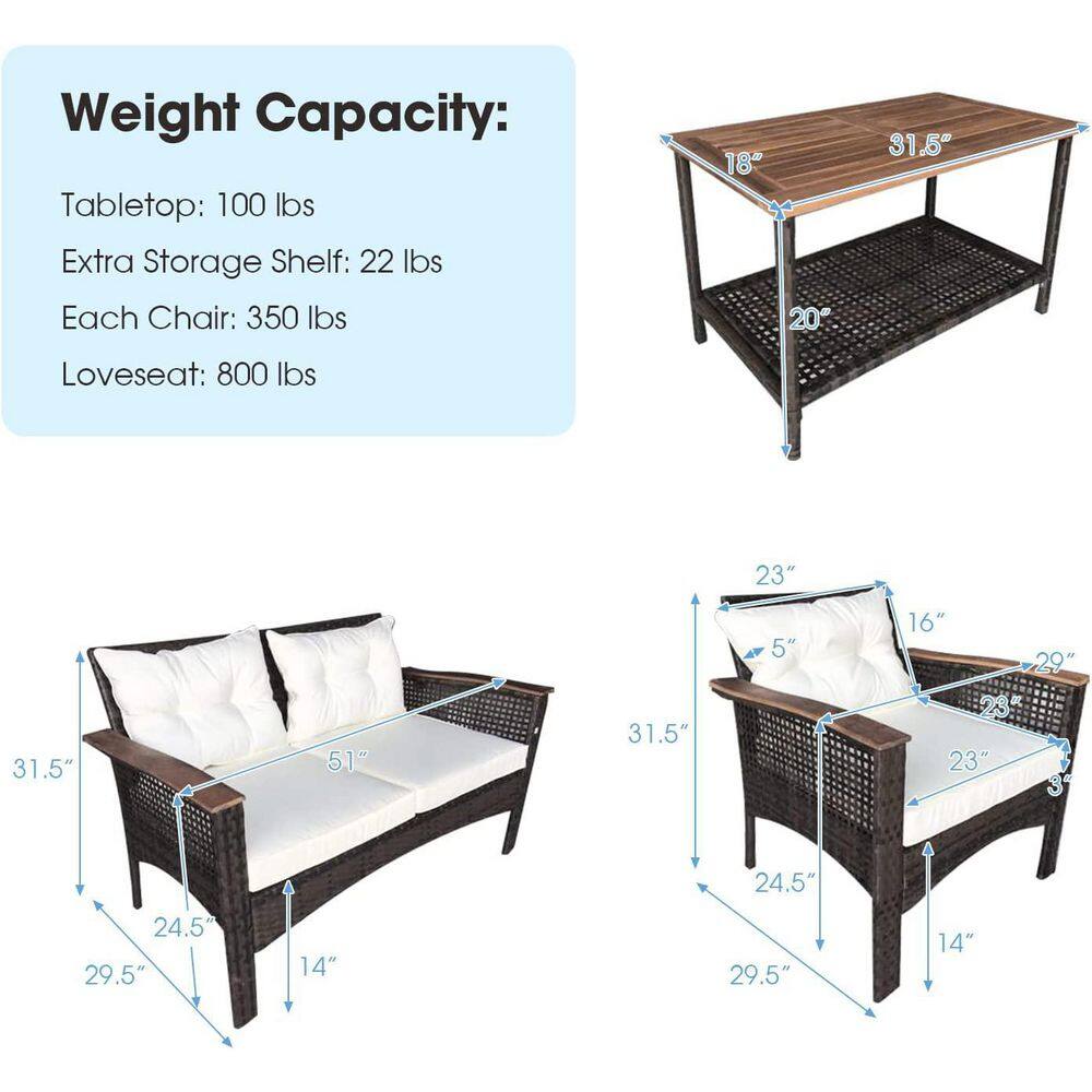 Alpulon 4-Pieces Patio Rattan Acacia Wood Patio Conversation Set with White Cushions