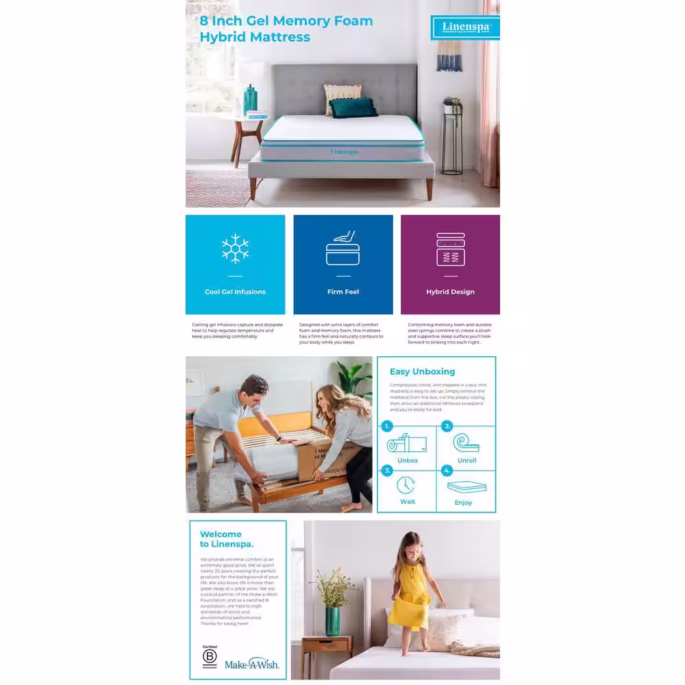 Linenspa Essentials AlwaysCool 8in. Firm Hybrid Tight Top Full Mattress