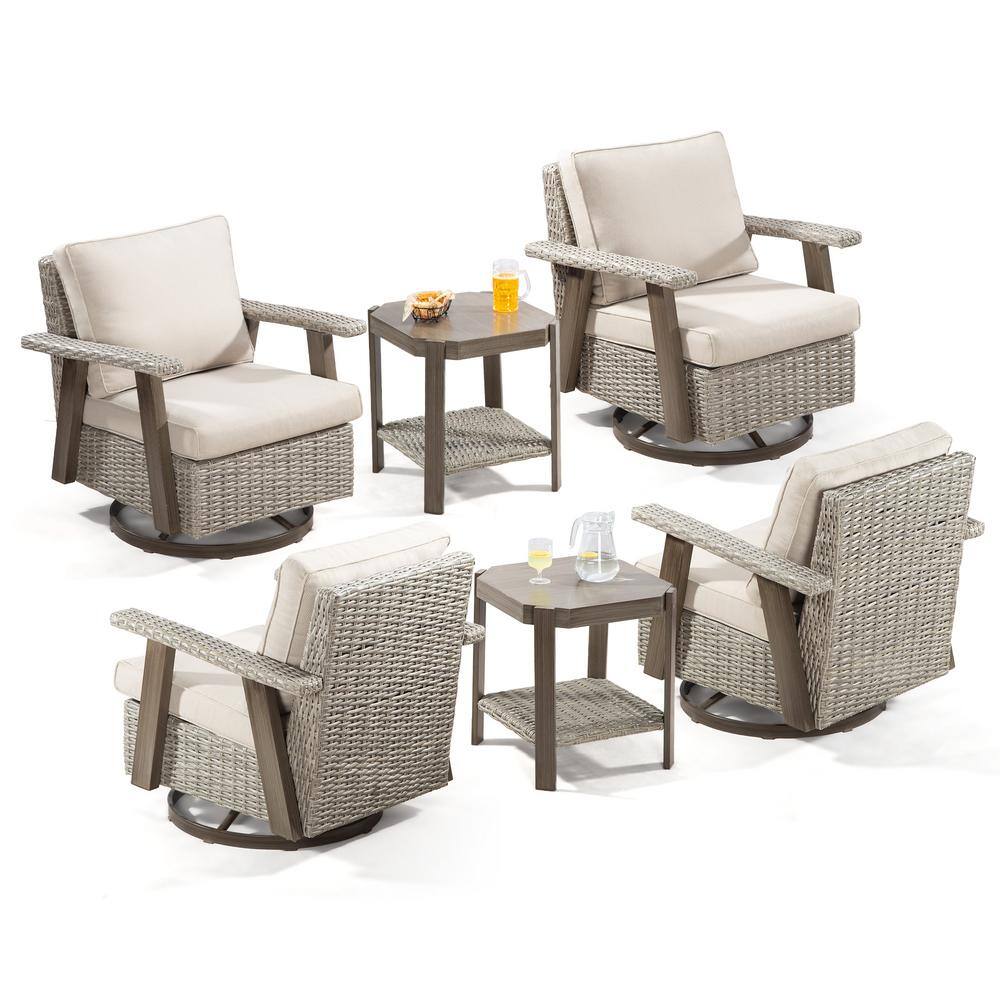 None 6-Piece Wicker Patio Swivel Rocking Chair Conversation Set with Beige Cushions