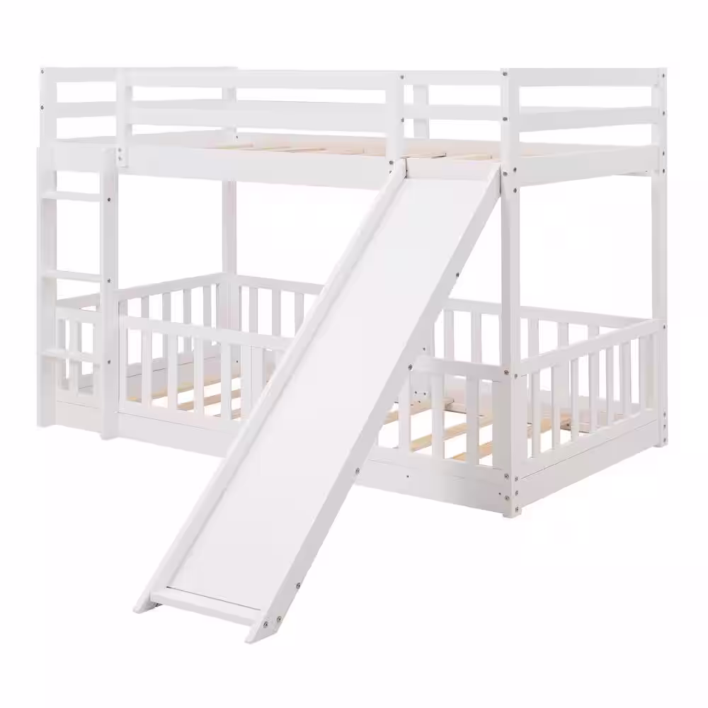 Harper & Bright Designs White Twin Over Twin Wood Bunk Bed with Slide and Ladder