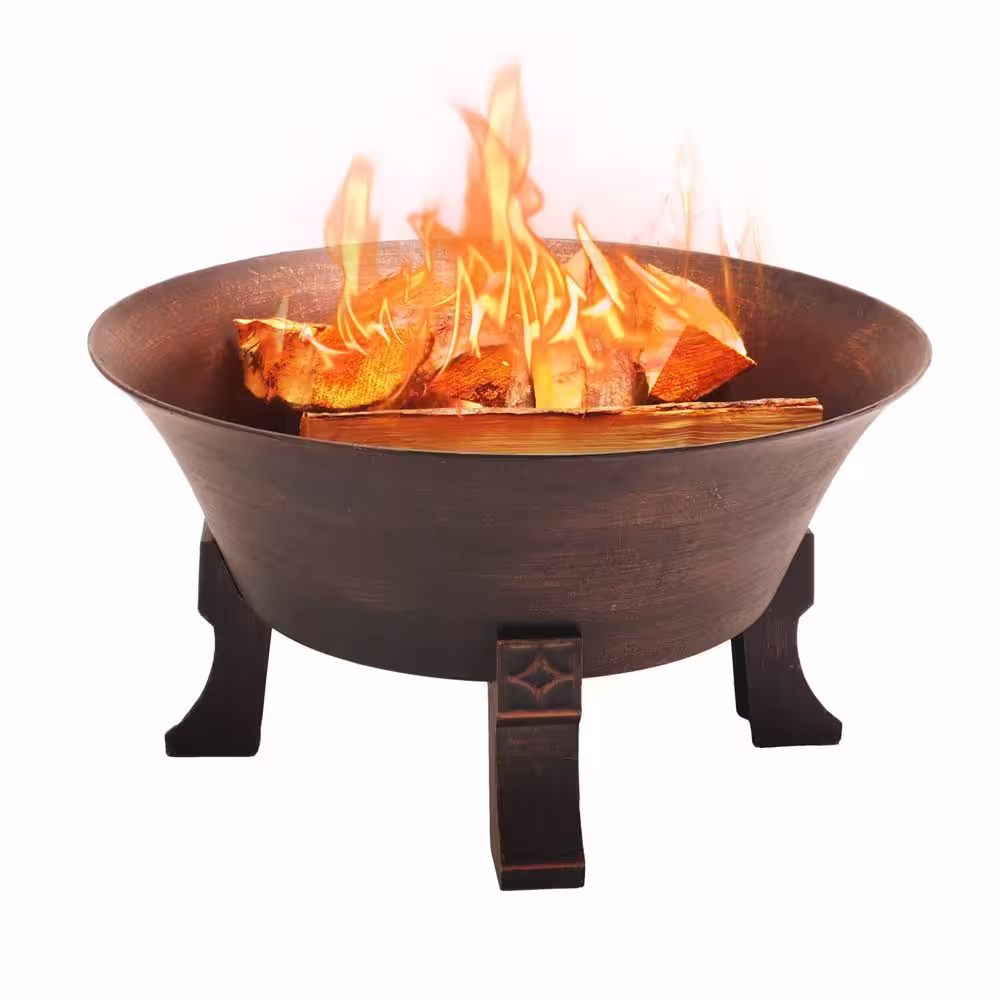 BLUEGRASS LIVING 26 Inch Cast Iron Deep Bowl Fire Pit with Cooking Grid, Weather Cover, Spark Screen, and Poker