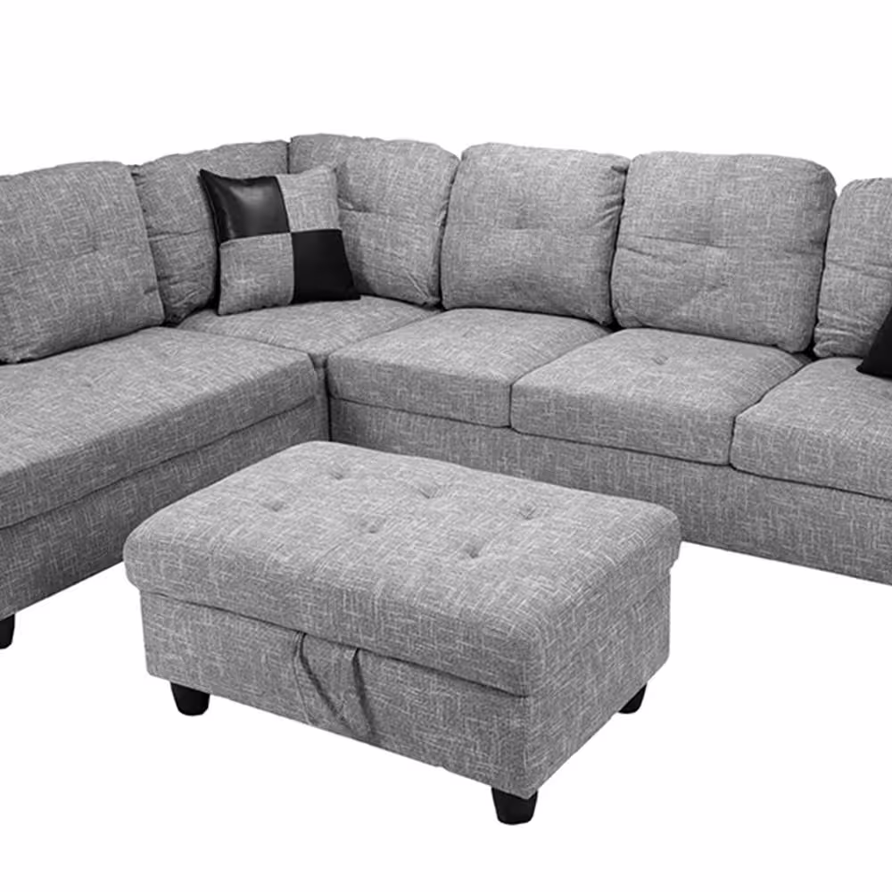 Star Home Living 3-Piece Light Gray Linen 4-Seater L-Shaped Left-Facing Chaise Sectional Sofa with Ottoman