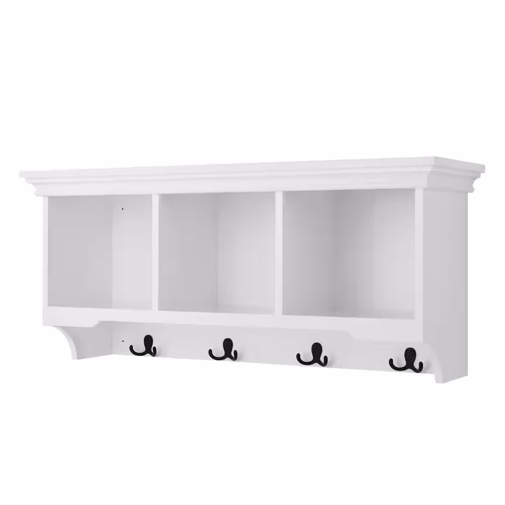 StyleWell 16.14 in. H x 36 in. W x 11 in. D White Wood Floating Decorative Cubby Wall Shelf with Hooks