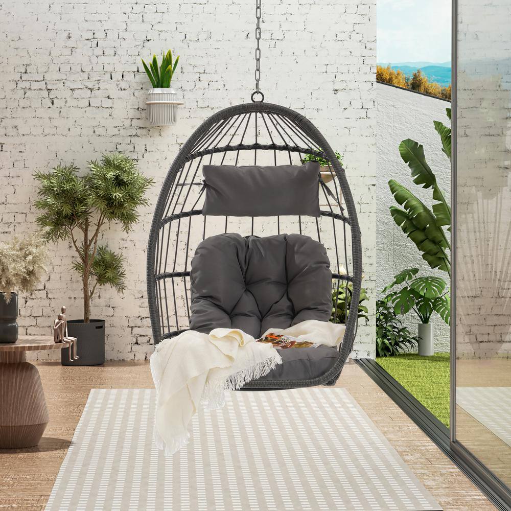 None 2.38 ft. Outdoor Wicker Egg Hanging Hammock Chair with Cushion in Light Gray