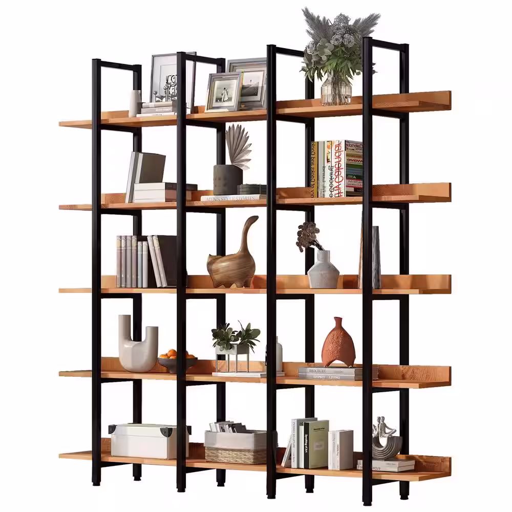 aisword Vintage Industrial 5 Tier Ladder Bookcase Open Bookshelf, MDF Board, Black Metal Frame - Black Frame Brown Board