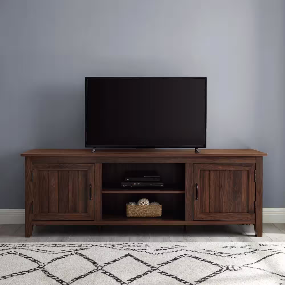 Walker Edison Furniture Company 70 in. Dark Walnut Composite TV Stand Fits TVs Up to 78 in. with Storage Doors