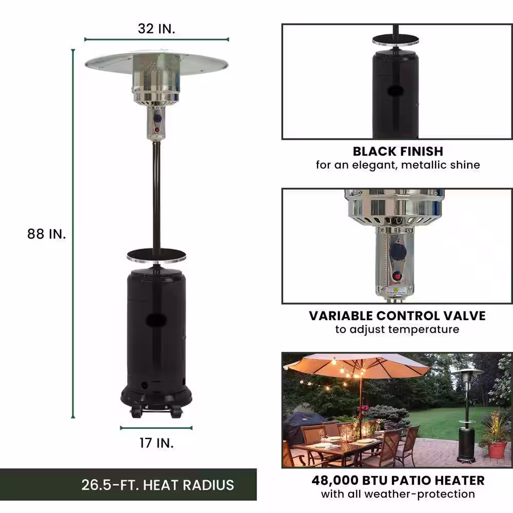 Hanover 7 ft. 48,000 BTU Steel Umbrella Propane Patio Heater in Black