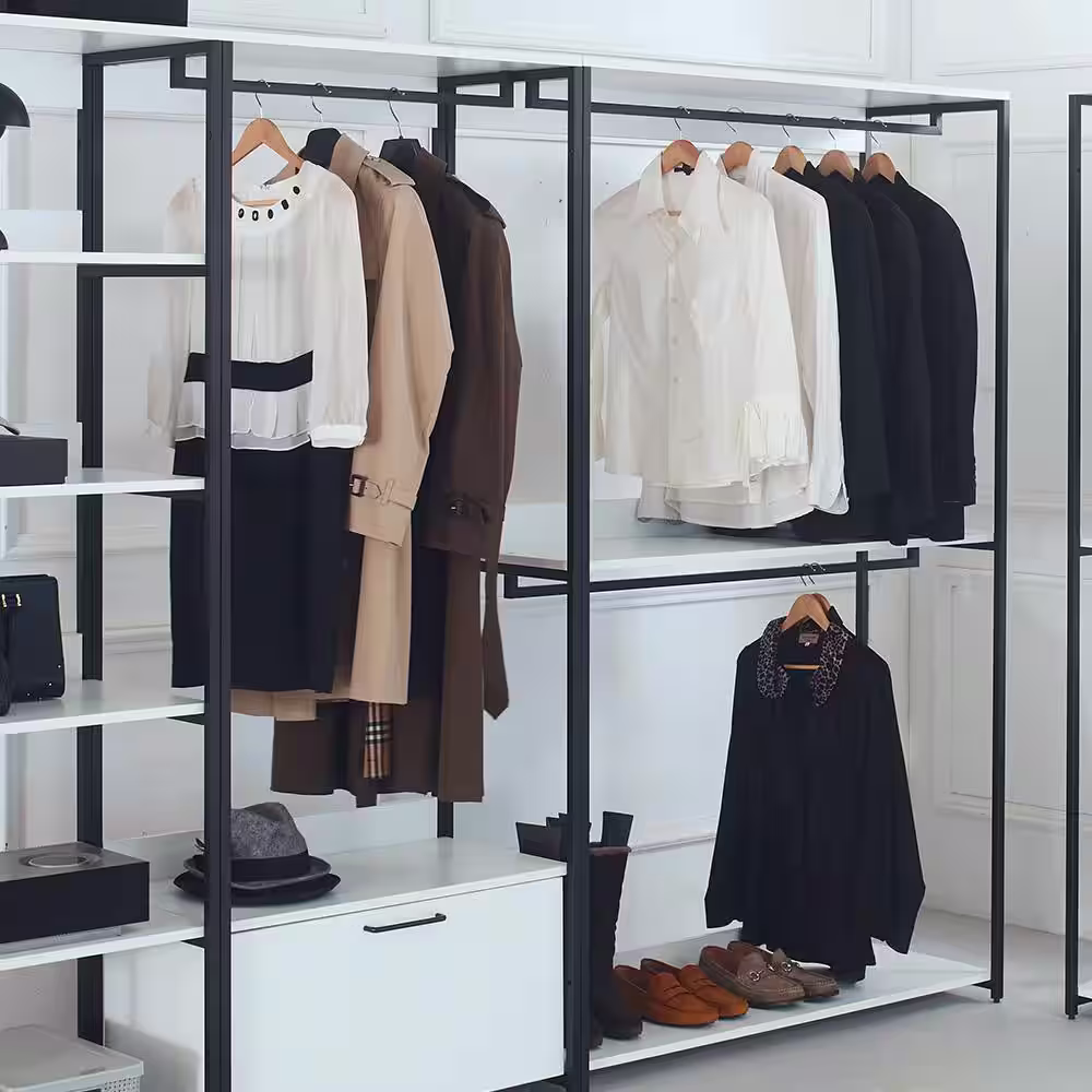 None Fiona 111 in. W White Freestanding Walk in Wood Closet System with Metal Frame