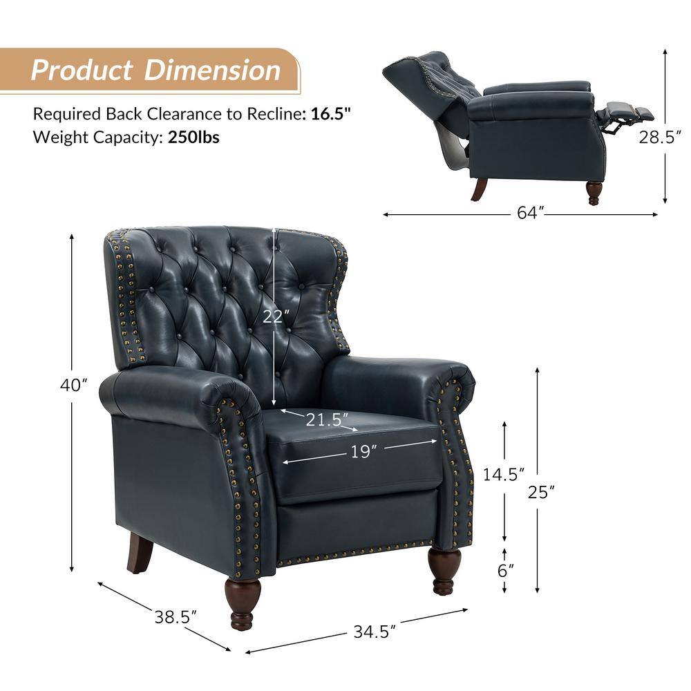 JAYDEN CREATION Isabel Navy Genuine Leather Recliner with Tufted Back and Rolled Arms