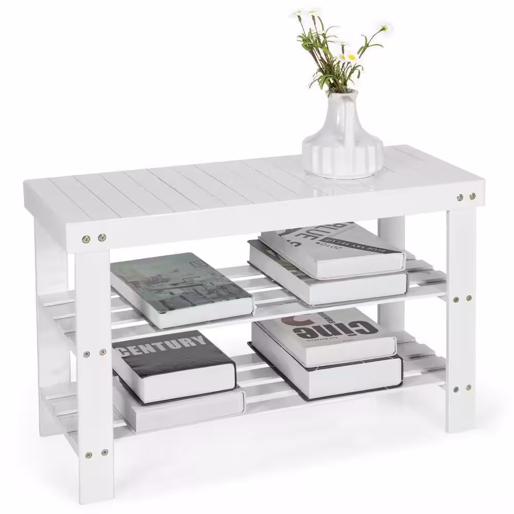 SUNRINX 3-Tier Bamboo Shoe Storage Bench Holds up to 6 Pairs for Entry-White