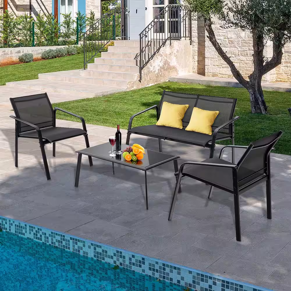 Costway 4-Piece Metal Patio Conversation Set Loveseat Sofas Armrest Glass Table Deck Black