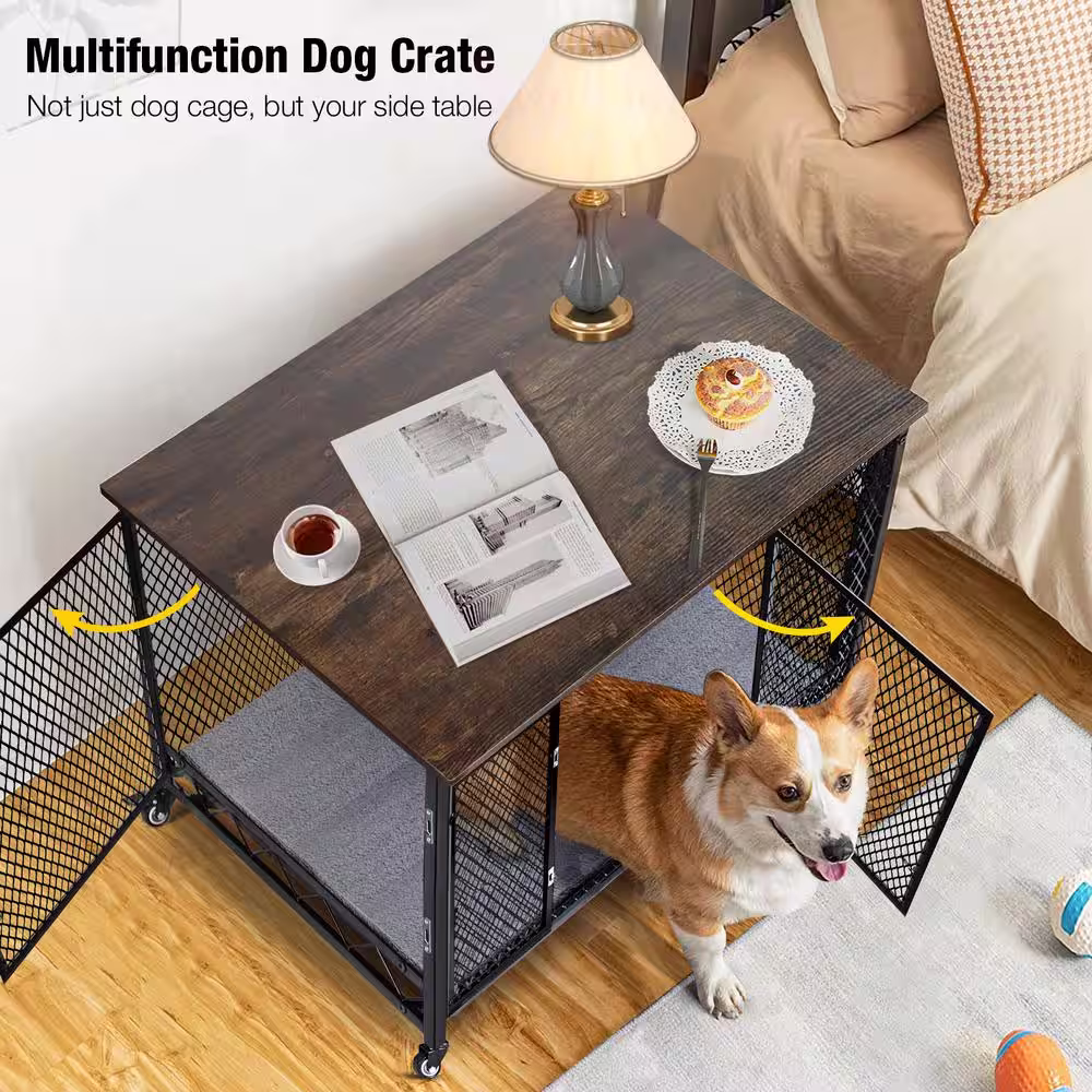 None Dog Crate Furniture, Side End Table with Tray, Cushion and Casters