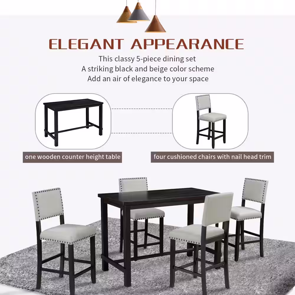 Harper & Bright Designs 5-Piece Espresso and Beige Wood Top Counter Height Dining Set