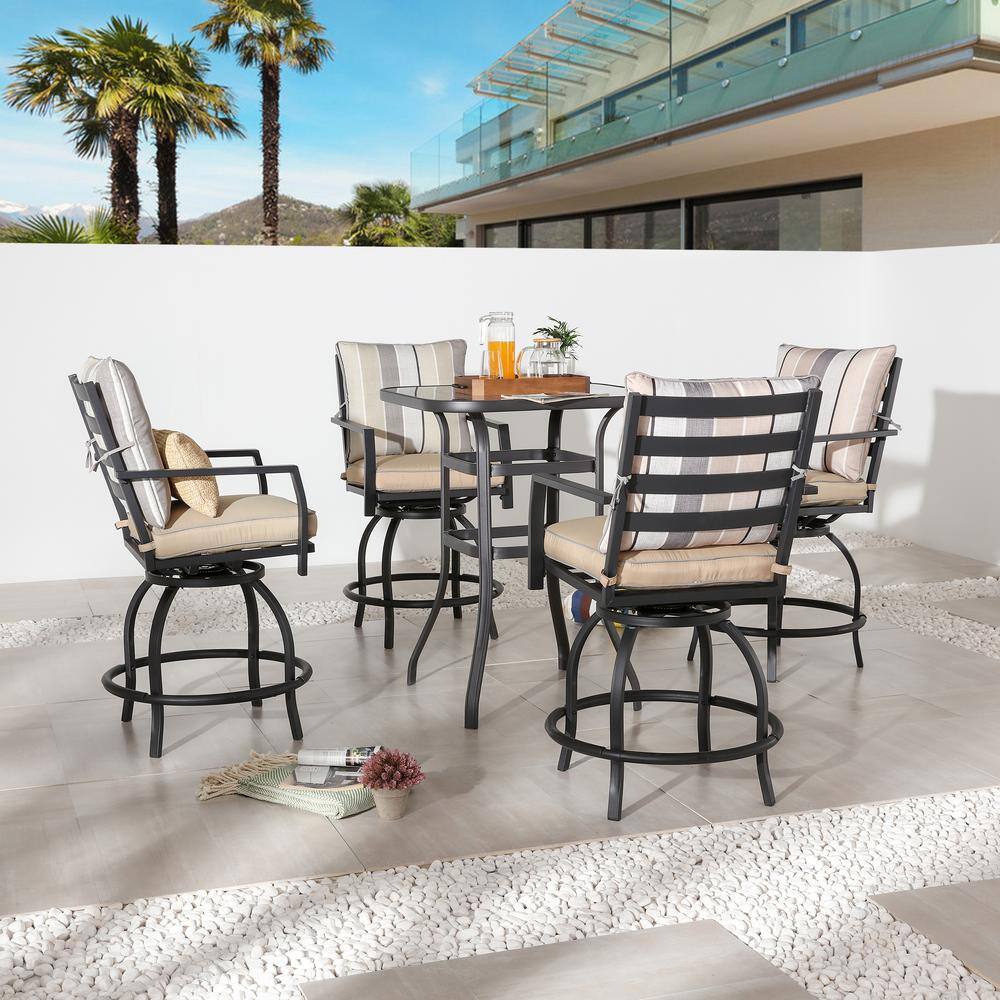Patio Festival 5-Piece Metal Bar Height Outdoor Dining Set with Beige Cushions