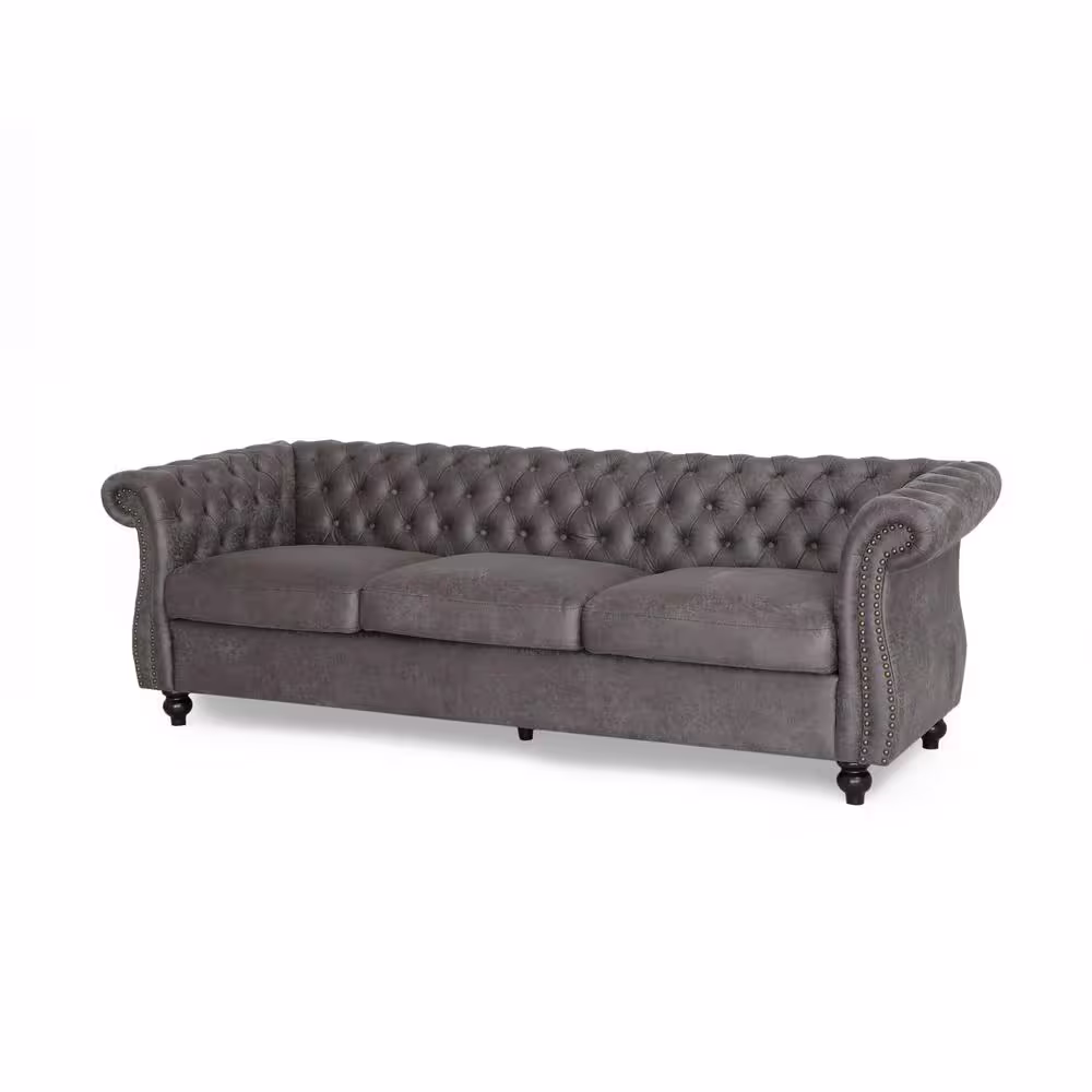 Noble House Somerville 84.5 in. Slate Solid Microfiber 3-Seats Cheserfield Sofa with Removable Cushions