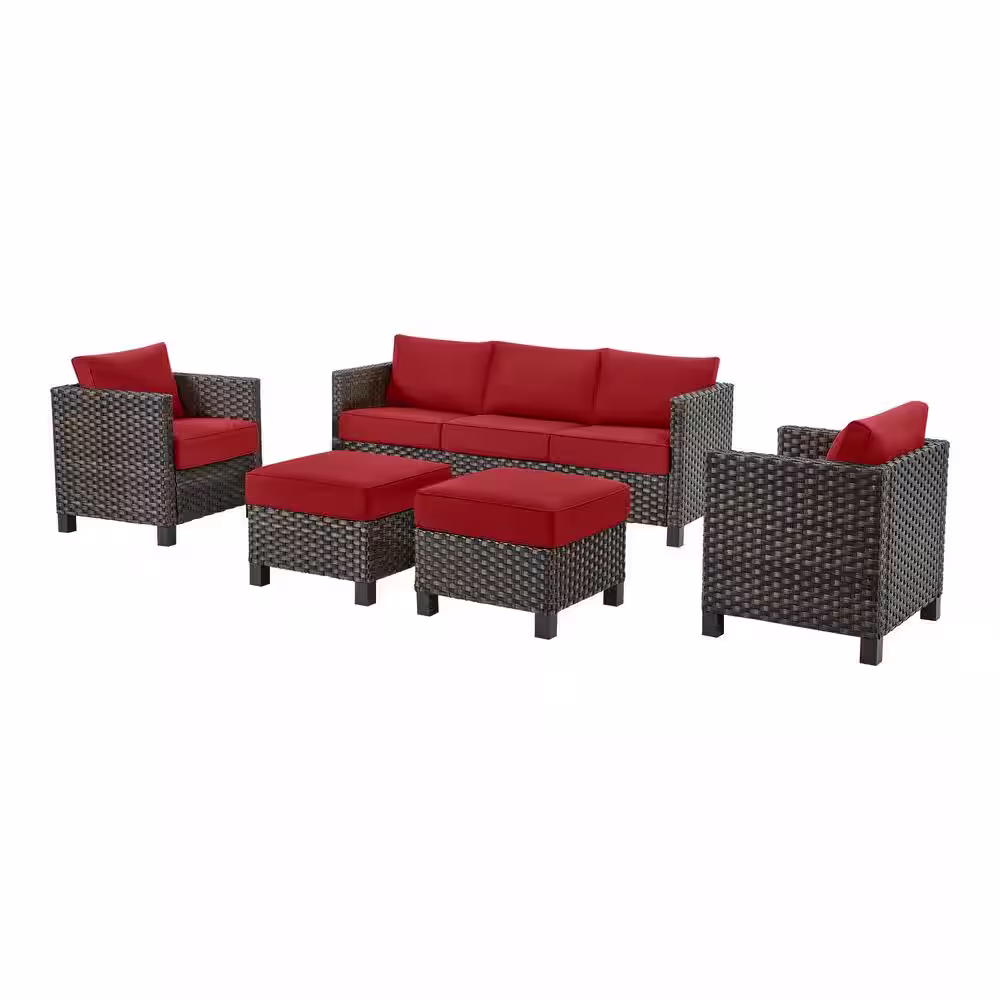 StyleWell Sharon Hill 5-Piece Wicker Patio Conversation with Chili Cushions