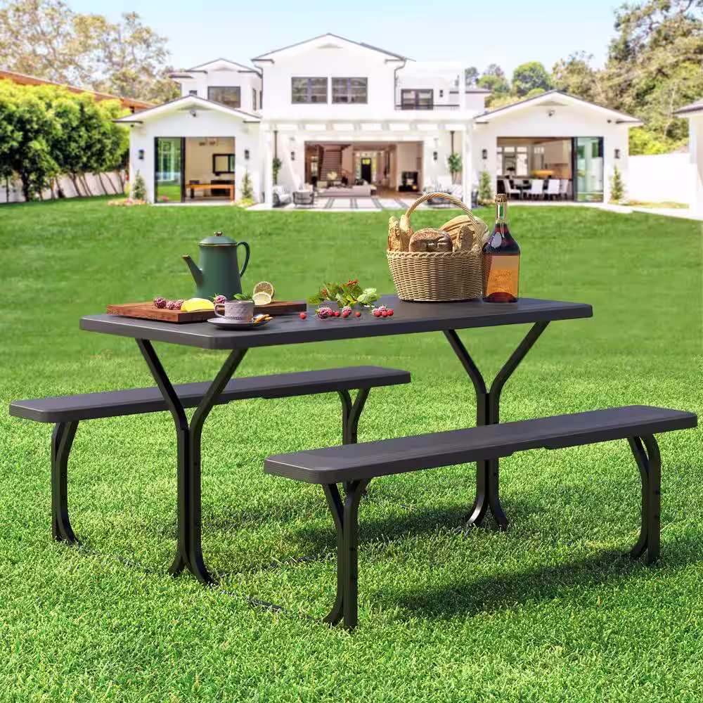 DEXTRUS 4.5 ft. Black Rectangular Steel Frame Outdoor Picnic Table Bench with Weather Resistant Resin Tabletop and Stable
