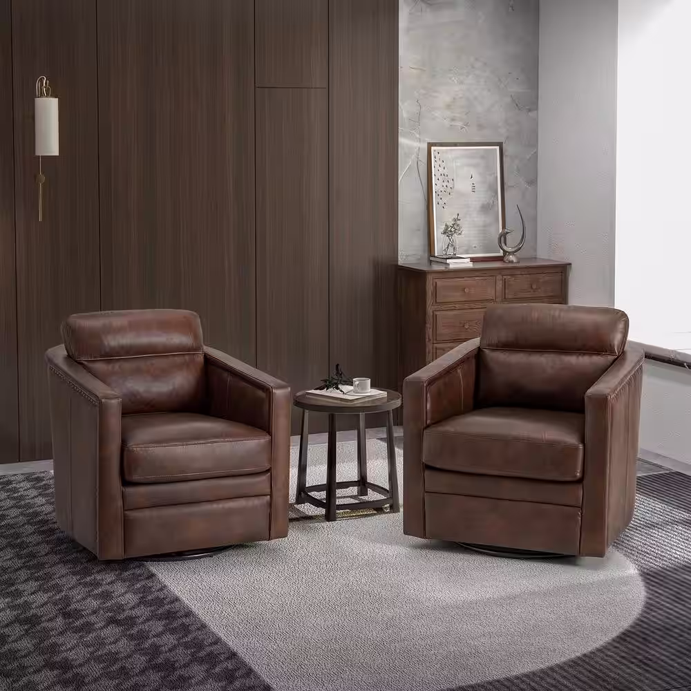 ARTFUL LIVING DESIGN Elvira 28.74'' Wide Choclate Genuine Leather Swivel Chair with Squared Arms Set of 2