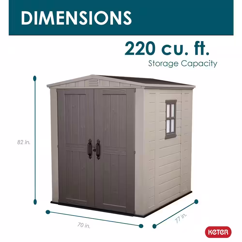 Keter Factor 6 ft. W x 6 ft. D Outdoor Durable Resin Plastic Storage Shed with Double Doors, Taupe Brown (37.43 sq. ft.)