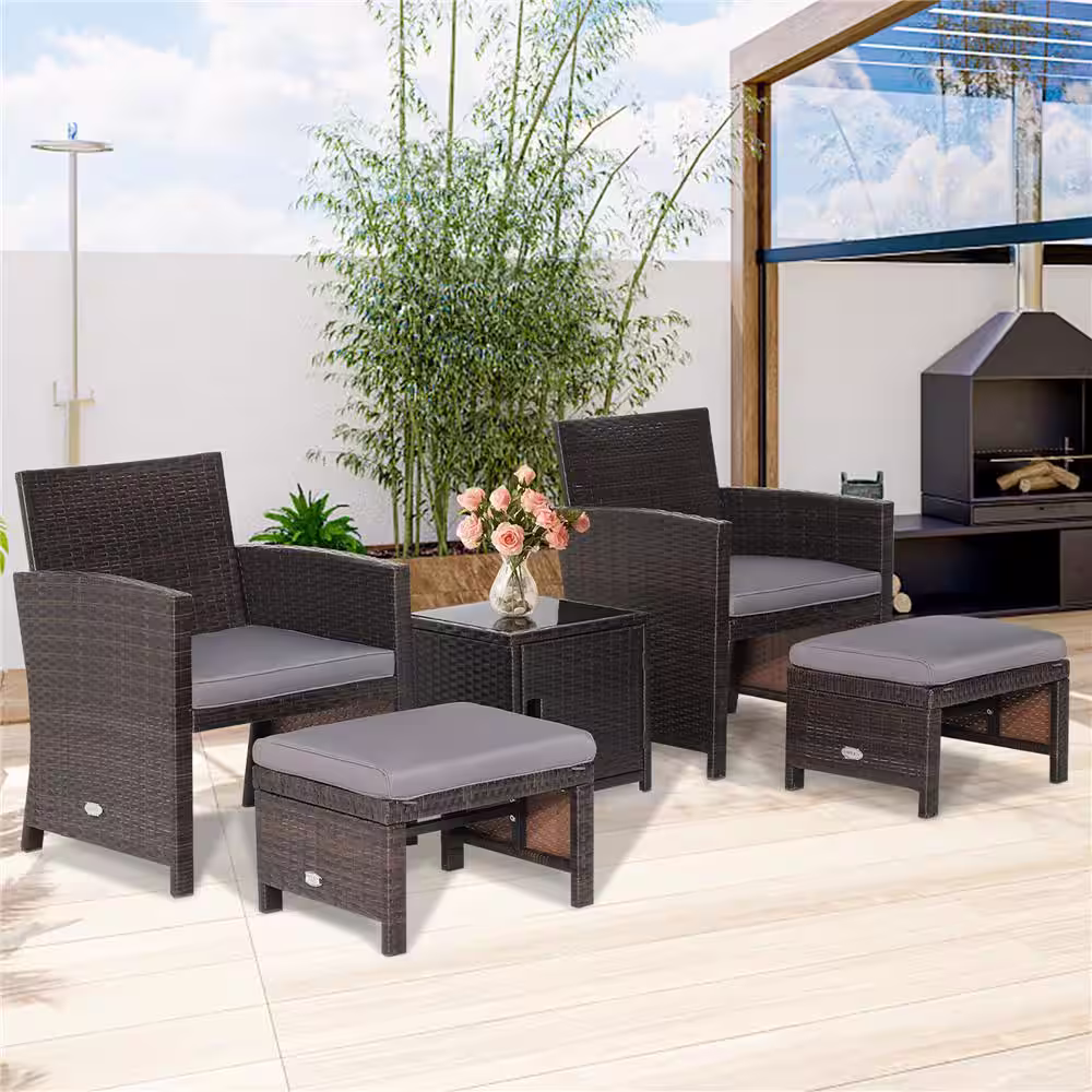 Costway 5-Piece Patio Rattan Furniture Set Chair Ottoman Cushion Space Saving with Cover Gray