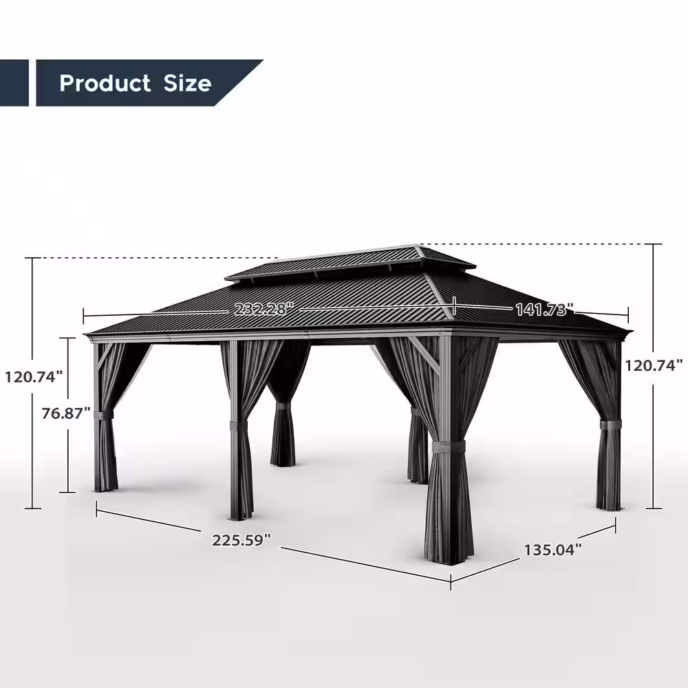 EGEIROSLIFE 12 ft. x 20 ft. Double Roof Hardtop Aluminum Patio Gazebo with Netting and Gray Curtains
