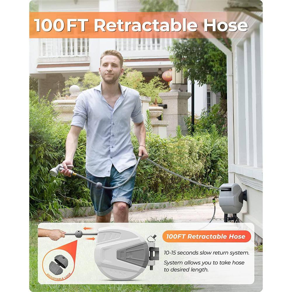 None 1/2 in. Dia x 100 ft. Wall Mounted Hose Reel with 9-Function Sprayer Nozzle