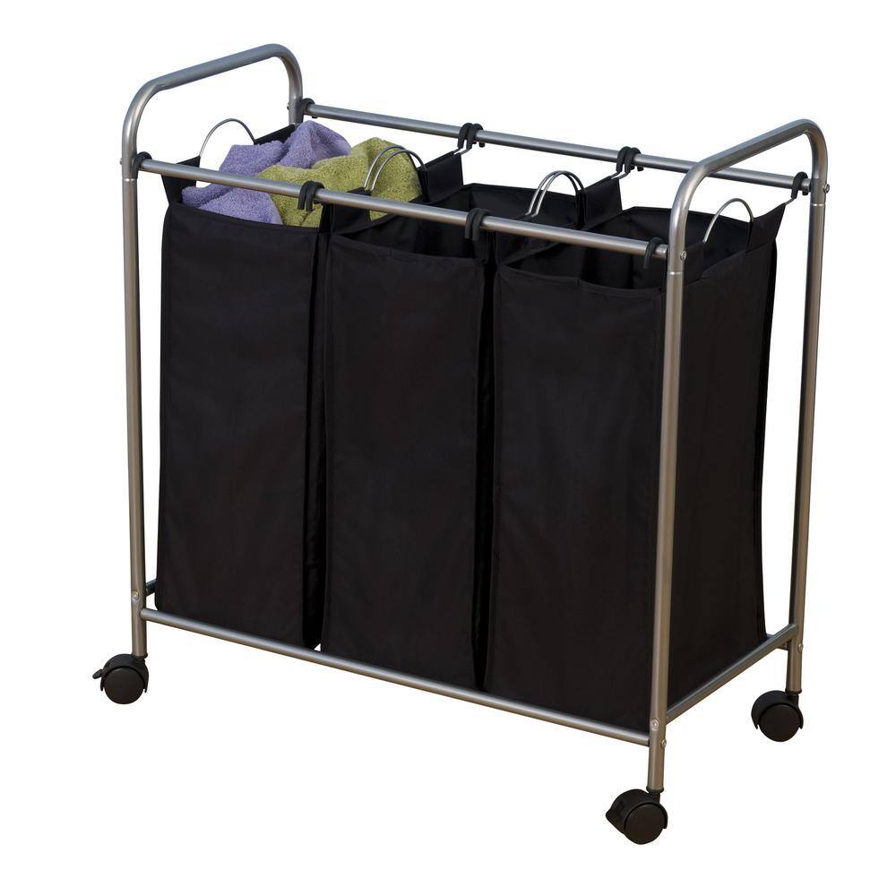 HOUSEHOLD ESSENTIALS Satin Silver and Black Polyaster Laundry Sorter Hamper Triple Bags and Wheels