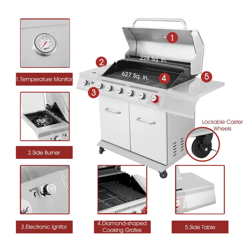 Royal Gourmet 6-Burner Propane Gas Grill in Stainless Steel with Sear Burner and Side Burner