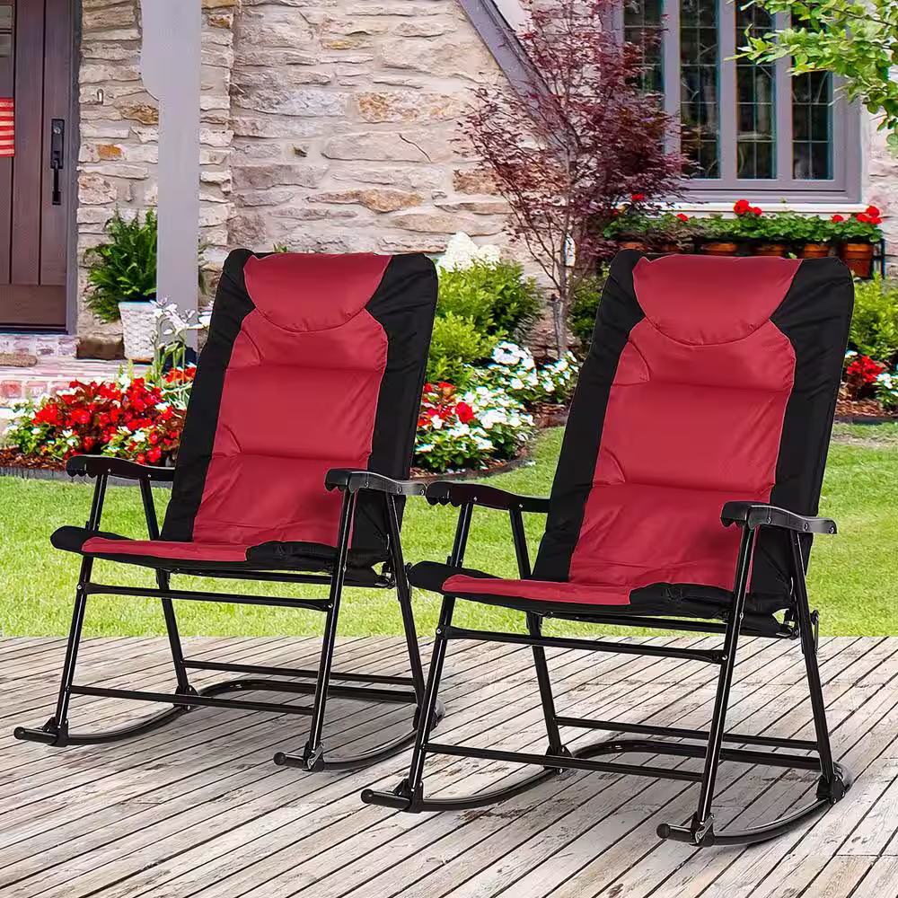 Outsunny Red Steel 2 Piece Folding Rocking Chair Set with Armrests, Padded Seat and Backrest